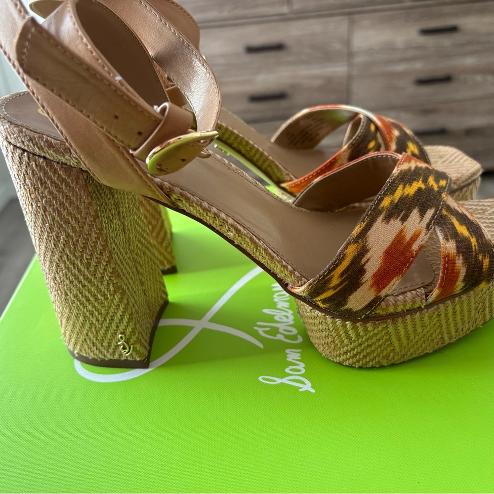 Delman Tan and Orange Platform Shoes with Woven Texture